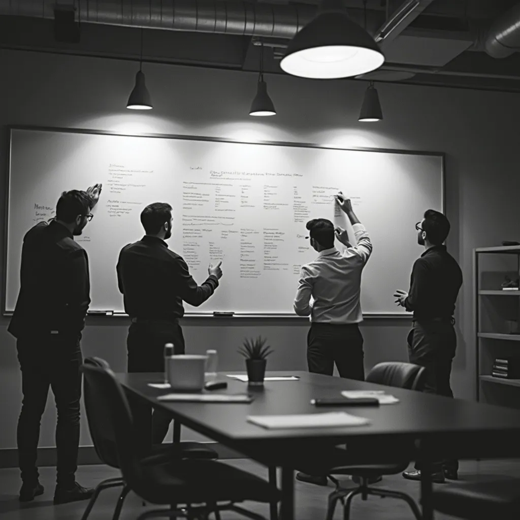 Equipo de consultores trabajando en una pizarra con ideas
