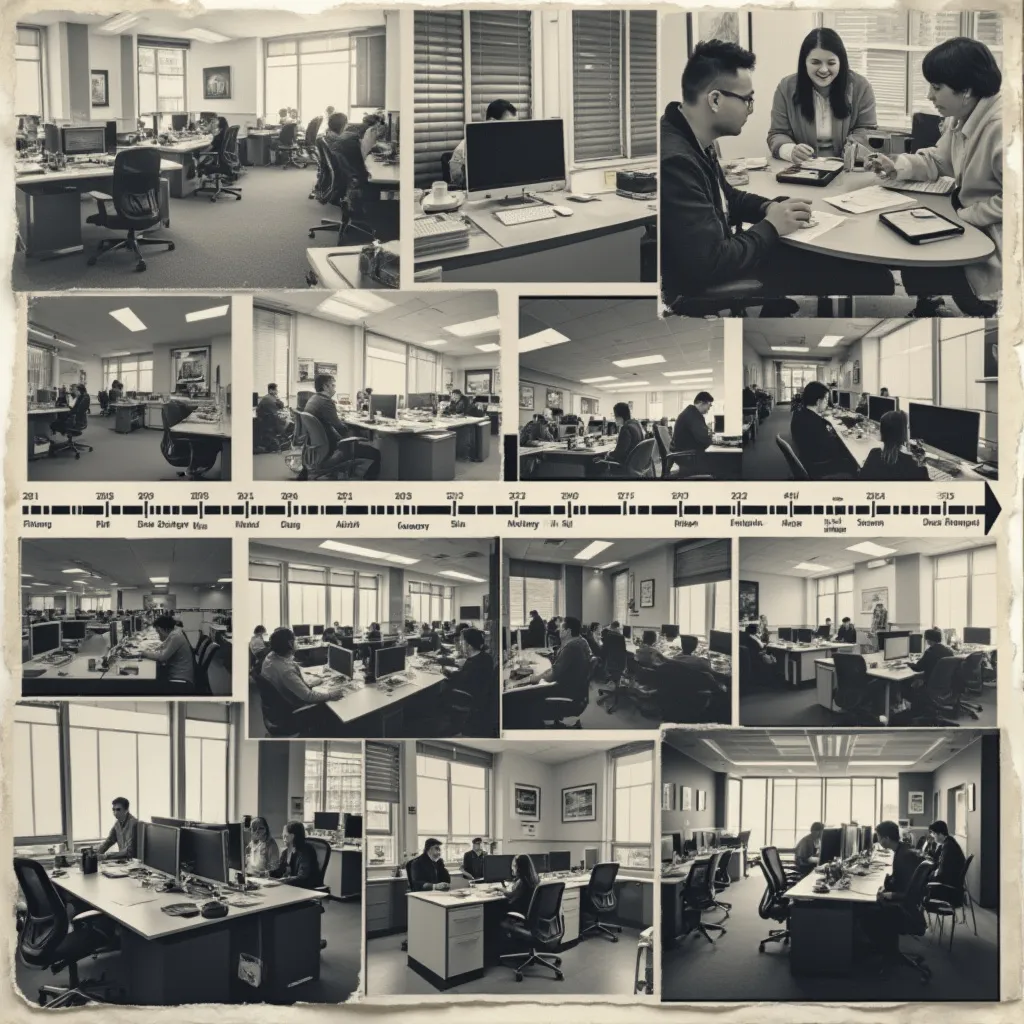 Collage de imágenes representando la evolución de la empresa a lo largo del tiempo, estilo retro