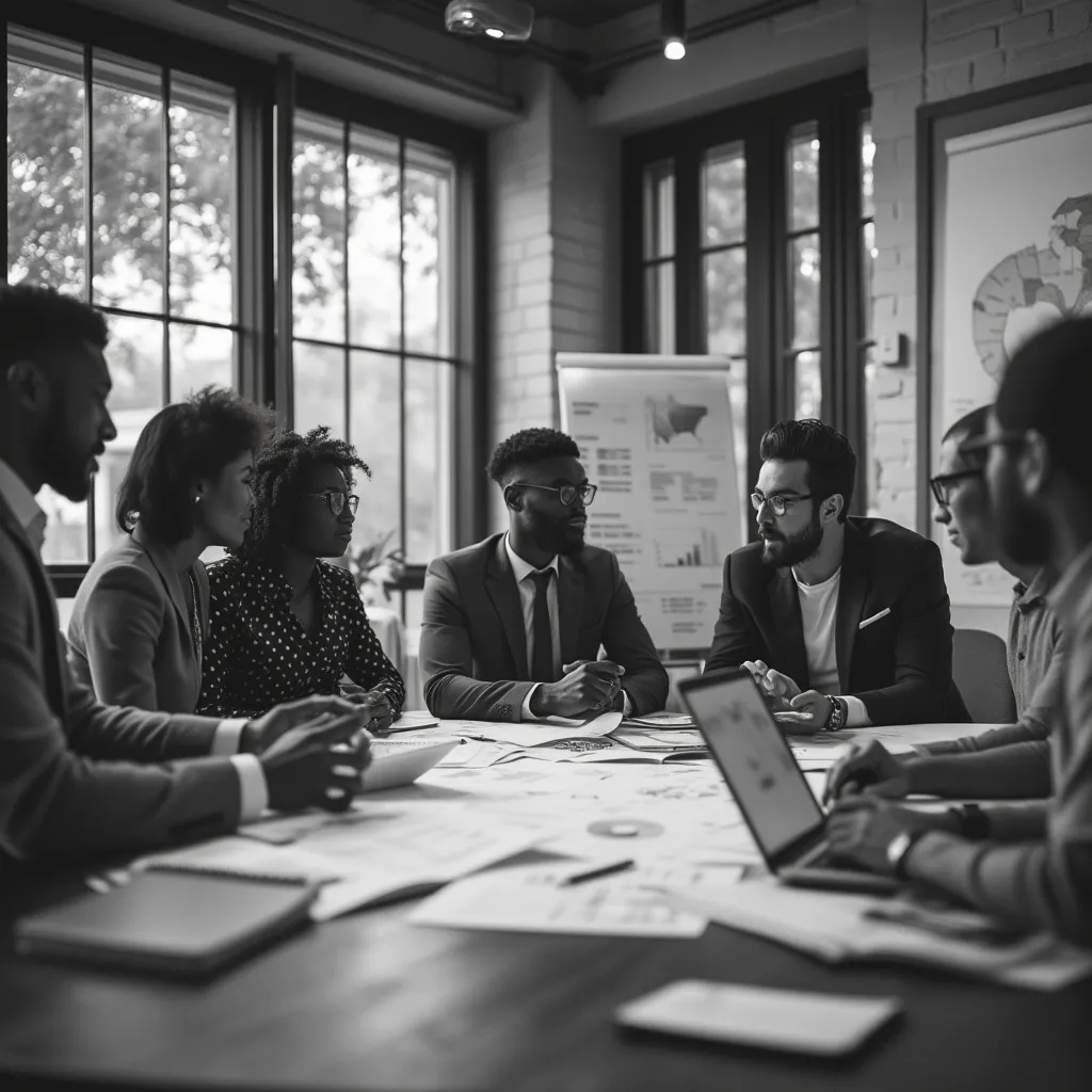 Equipo de consultores en una reunión estratégica discutiendo un proyecto